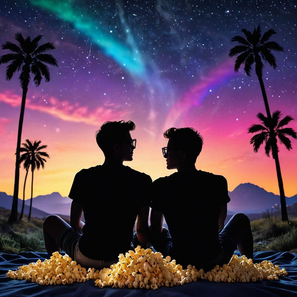 A vibrant film reel cascading down, filled with iconic scenes from various gay twink films, with silhouette figures in playful poses and expressive gestures, set against a dreamy night sky filled with stars. Each film scene glowing with a soft, inviting light that reflects desire and adventure. Include elements of modern cinema like popcorn and 3D glasses scattered around, enhancing the playful film theme. super-realistic. vibrant colors. cinematic style.